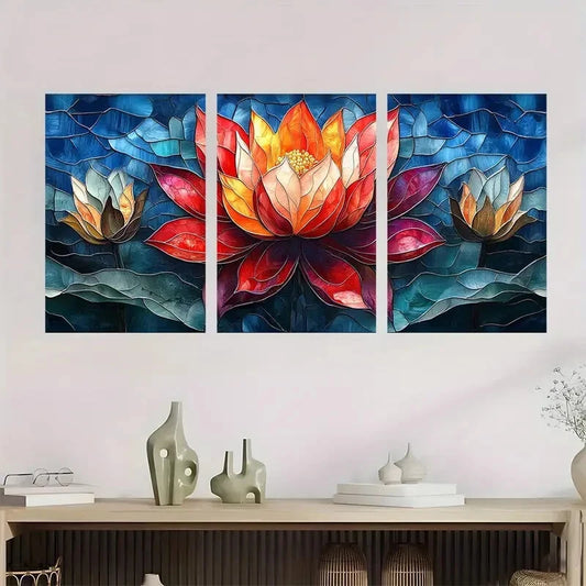 3pcs Lotus Flower Stained Glass Colorful Metal Print Ready to Hang Art
