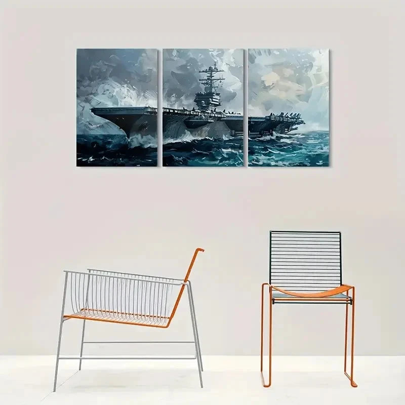 3pcs Naval Ship in Stormy Seas Metal Print Ready to Hang Art