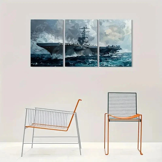 3pcs Naval Ship in Stormy Seas Metal Print Ready to Hang Art