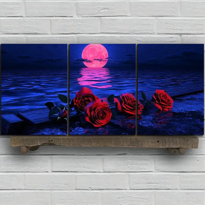 3pcs Rose Piano By The Sea Night View Metal Print Ready to Hang Art
