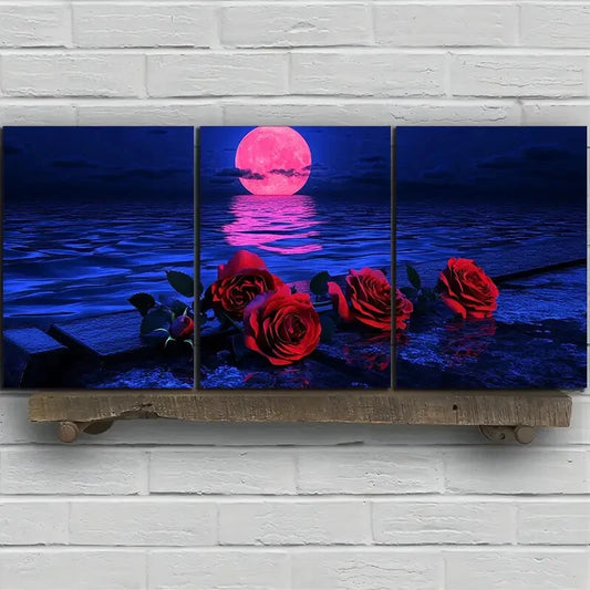 3pcs Rose Piano By The Sea Night View Metal Print Ready to Hang Art