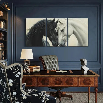 3pcs Elegant Black White Horses Artwork Painting Metal Print Ready to Hang Art
