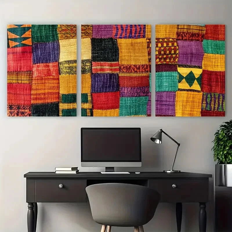 3pcs Ethiopian Handwoven Textile Rustic African Metal Print Ready to Hang Art