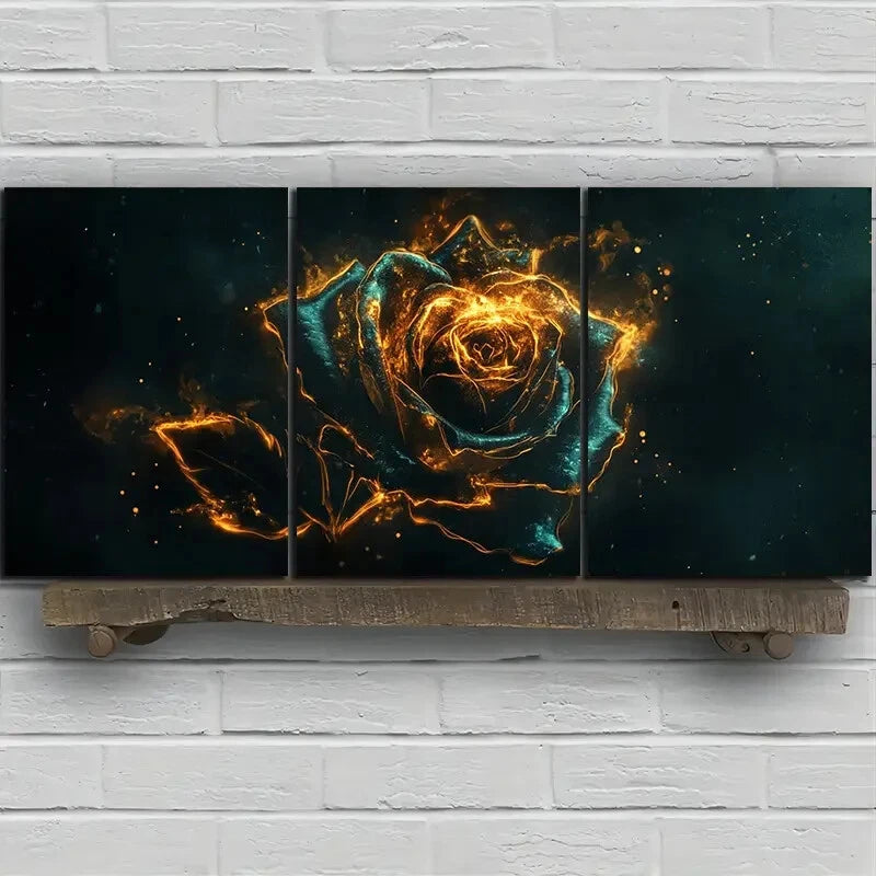 3pcs Beautiful Roses Stunning Golden Blue Themed Metal Print Ready to Hang Art