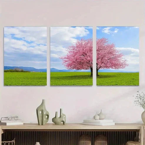 3pcs Cherry Blossom Tree Pink Green Wall Art Set Canvas Unframed - High Quality Print 100% Australian Made Wall Canvas