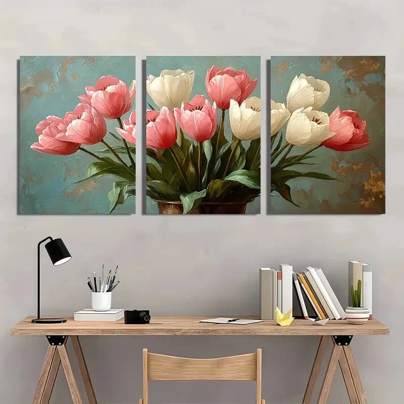 3pcs Fresh White and Pale Pink Tulips in Vases Metal Print Ready to Hang Art