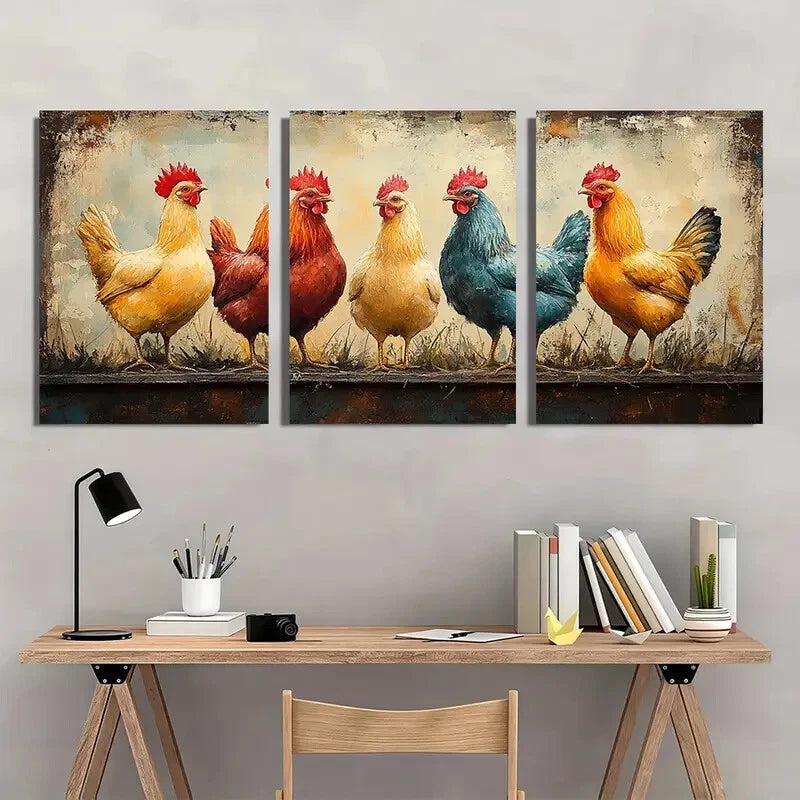 3pcs Chicken Watercolor Art Prints - Farmhouse Metal Print Ready to Hang Art