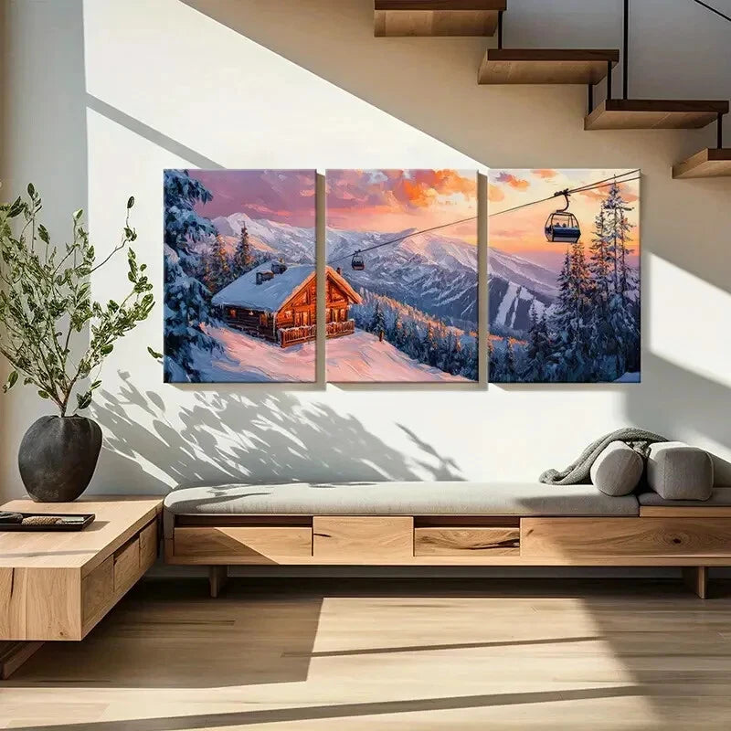 3pcs Winter Cabin Snowy Mountains Alpine Scenery Metal Print Ready to Hang Art