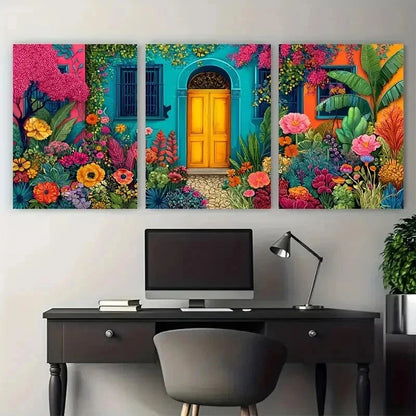 3pcs Flower Garden Illustration Colorful Perfect Wall Art Set Canvas Framed 60x90cm - High Quality Print 100% Australian Made Wall Canvas Ready to Hang
