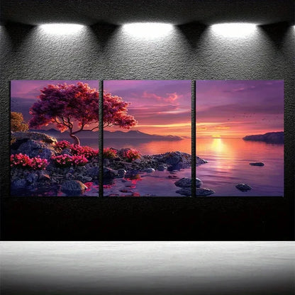 3pcs Cherry Blossom Trees By The Lake Metal Print Ready to Hang Art