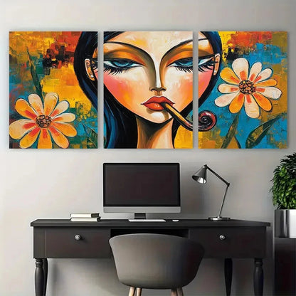 3pcs Abstract Woman Smoking Portrait with Floral Wall Art Set Canvas Framed 40x60cm - High Quality Print 100% Australian Made Wall Canvas Ready to Hang