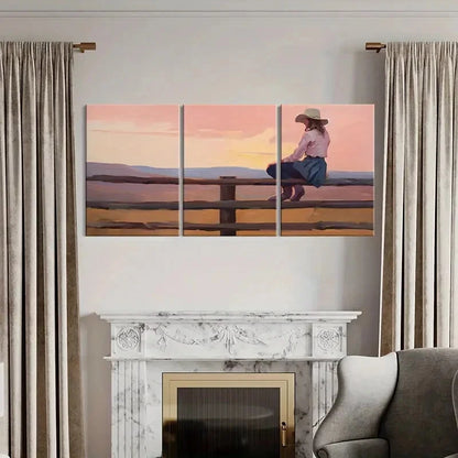 3pcs Serene Sunset Landscape with Woman on Fence Metal Print Ready to Hang Art