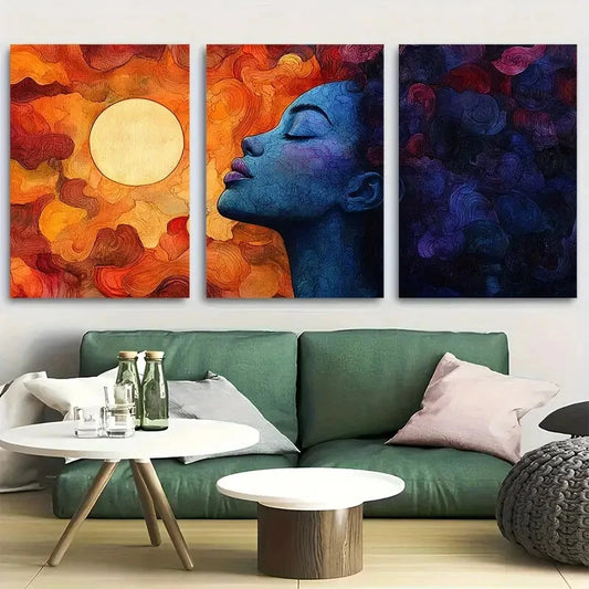 3pcs Vibrant Watercolor Sun and Woman Design Metal Print Ready to Hang Art