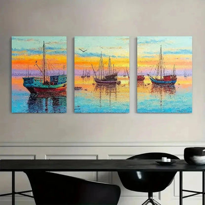 3pcs Fishing Boats in Seaside Scene Painting Metal Print Ready to Hang Art