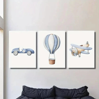 3pcs Cartoon vehicles, cars, hot air balloons Metal Print Ready to Hang Art