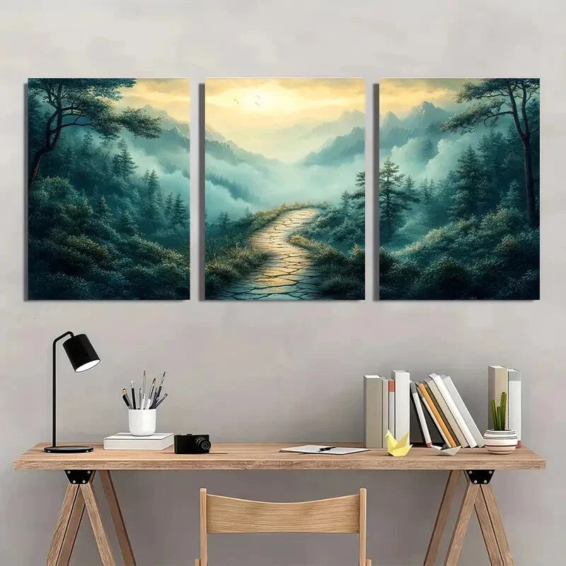 3pcs Serene Green Wilderness & Misty Mountains Metal Print Ready to Hang Art