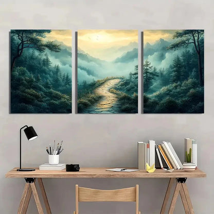 3pcs Serene Green Wilderness & Misty Mountains Metal Print Ready to Hang Art