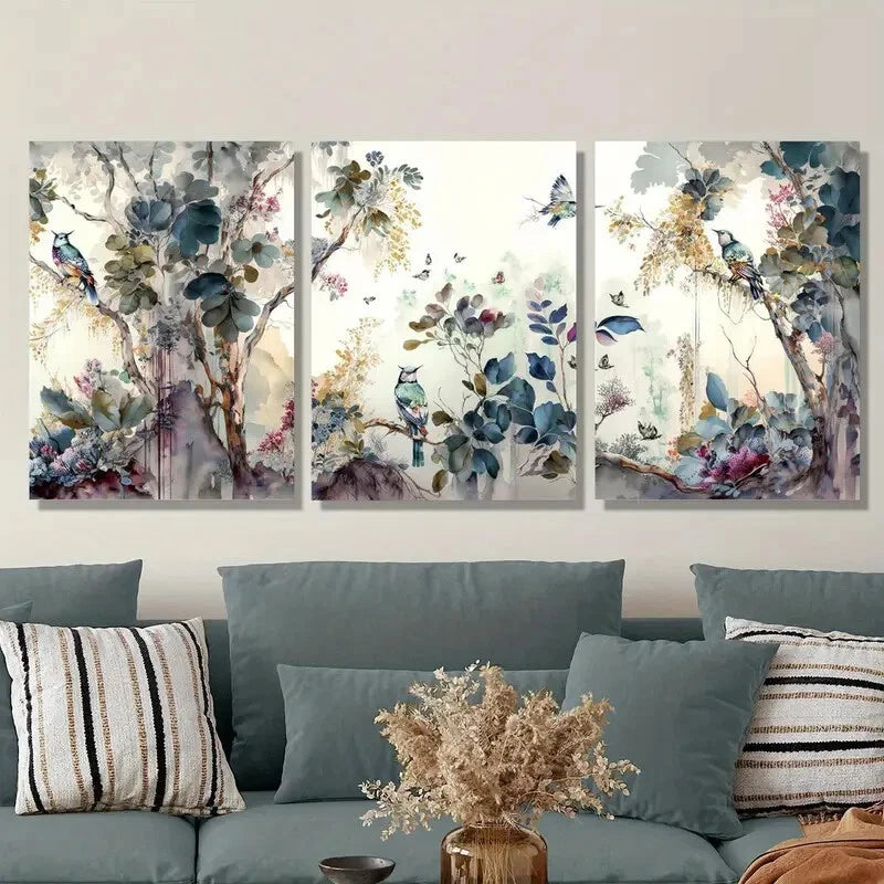 3pcs Modern Landscape with Trees, Flowers Metal Print Ready to Hang Art