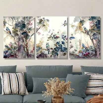 3pcs Modern Landscape with Trees, Flowers Metal Print Ready to Hang Art