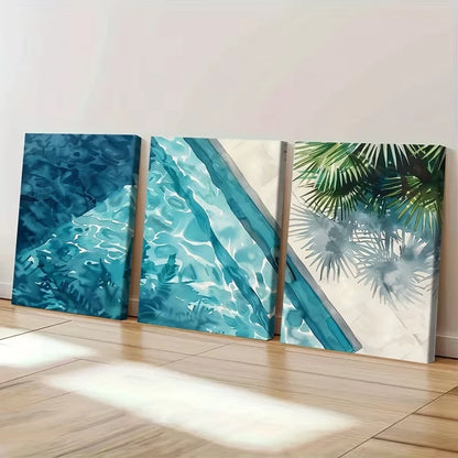 3pcs Watercolor Reflections and Palm Shadows Wall Art Set Canvas Framed 50x70cm - High Quality Print 100% Australian Made Wall Canvas Ready to Hang