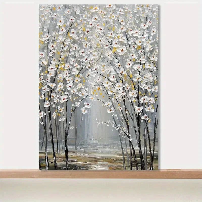Abstract White Blossoming Tree Painting 40x60cm Metal Print Ready to Hang