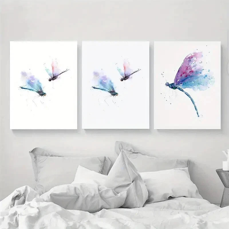 3pcs Artistic Ink Dragonfly Watercolor Metal Print Ready to Hang Art