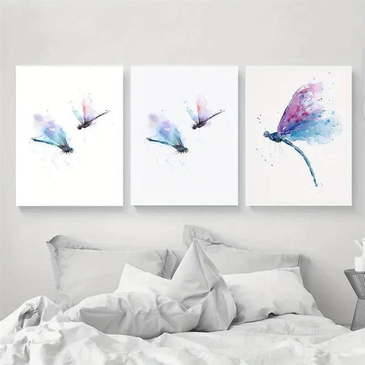 3pcs Artistic Ink Dragonfly Watercolor Metal Print Ready to Hang Art