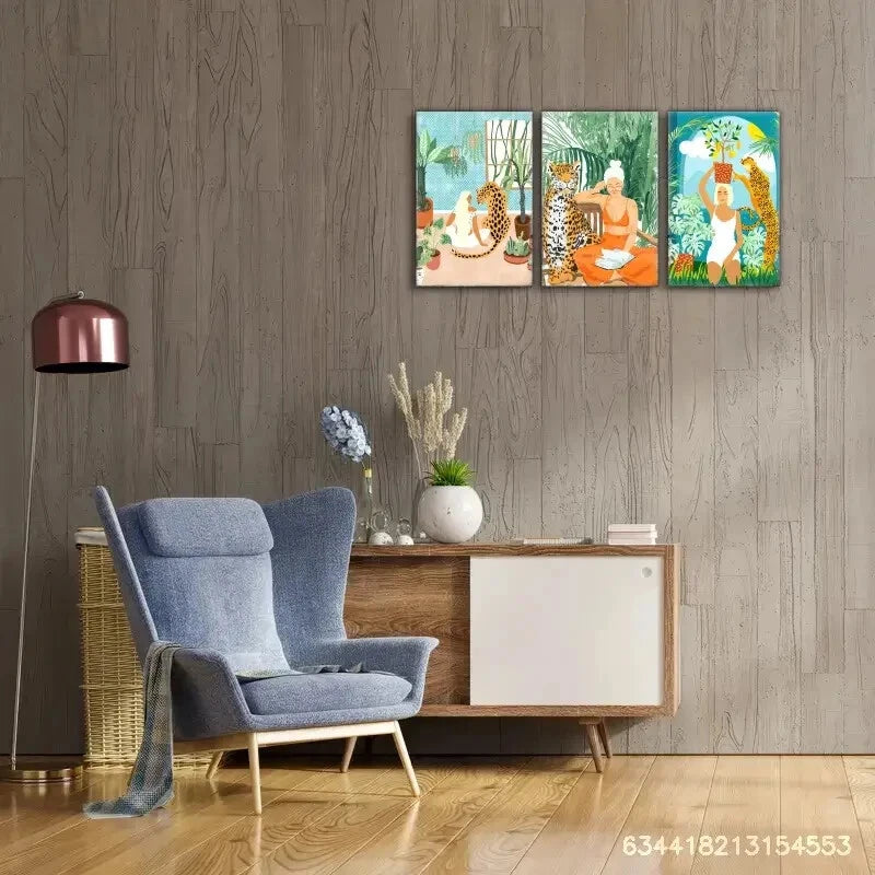 3pcs Abstract Cheetah and Tropical Plant Designs Metal Print Ready to Hang Art