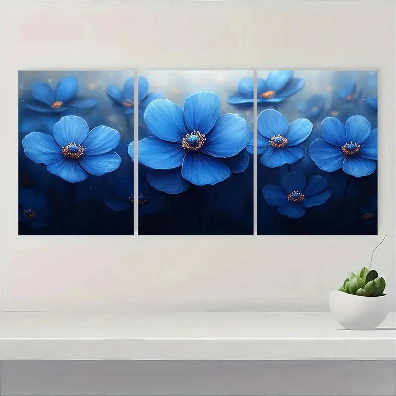 3pcs Painting Print Blue Flower Art Nature Art Metal Print Ready to Hang Art