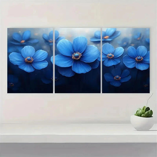 3pcs Painting Print Blue Flower Art Nature Art Metal Print Ready to Hang Art