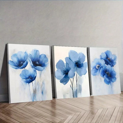 3pcs Featuring Blue Flowers Floral Wall Art Set Canvas Framed 50x70cm -  High Quality Print 100% Australian Made Wall Canvas Ready to Hang