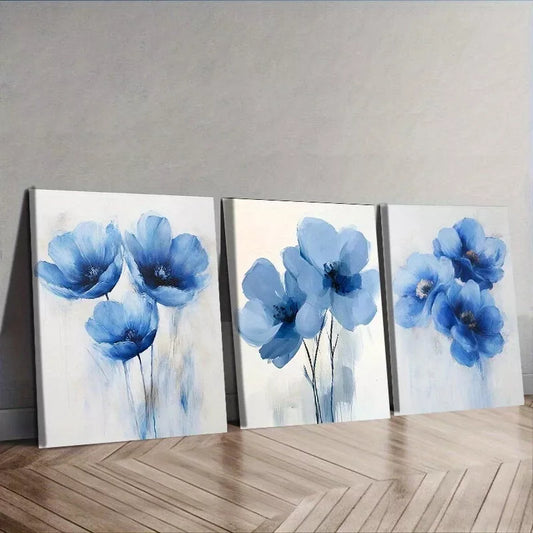 3pcs Featuring Blue Flowers Floral Wall Art Set Canvas Framed 50x70cm -  High Quality Print 100% Australian Made Wall Canvas Ready to Hang