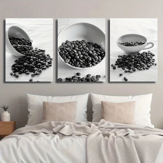 3pcs Coffee Bean Black & White Design Metal Print Ready to Hang Art