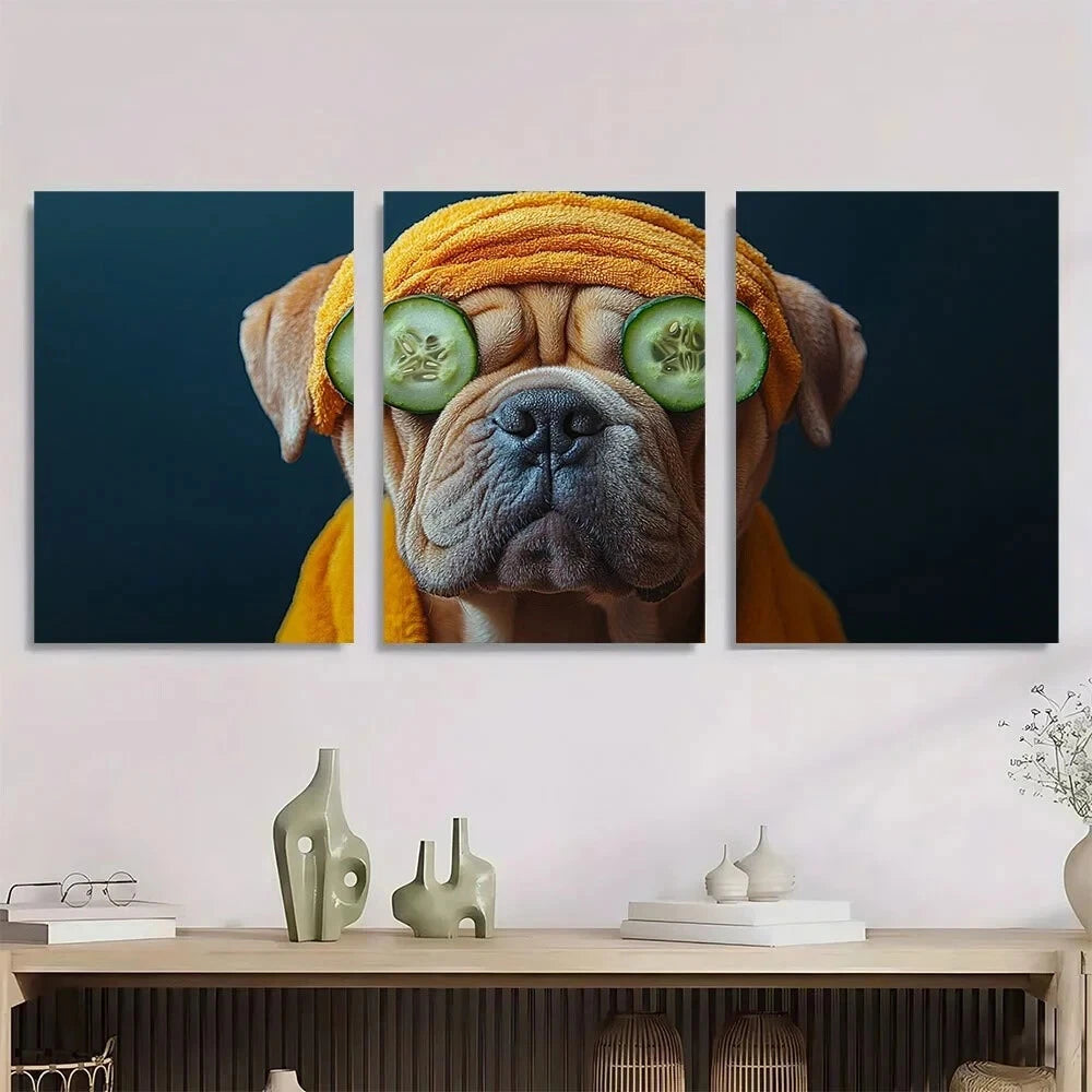 3pcs Dog Bathrobe & Cucumber Slices Metal Print Ready to Hang Art