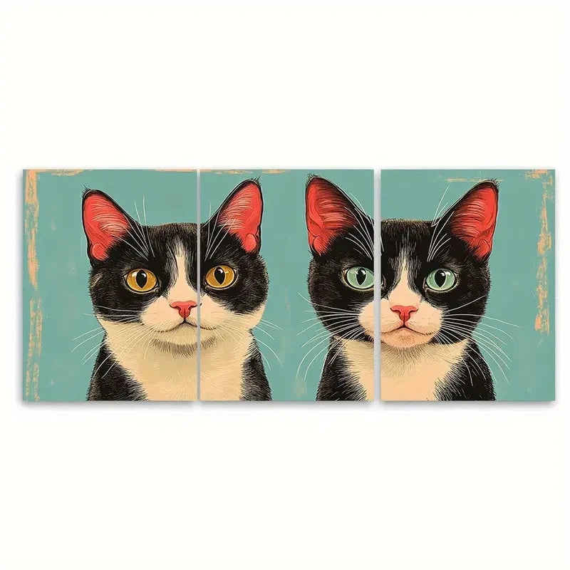 3pcs Retro Style Cat Illustration Wall Art Set Canvas Framed 40x60cm - High Quality Print 100% Australian Made Wall Canvas Ready to Hang
