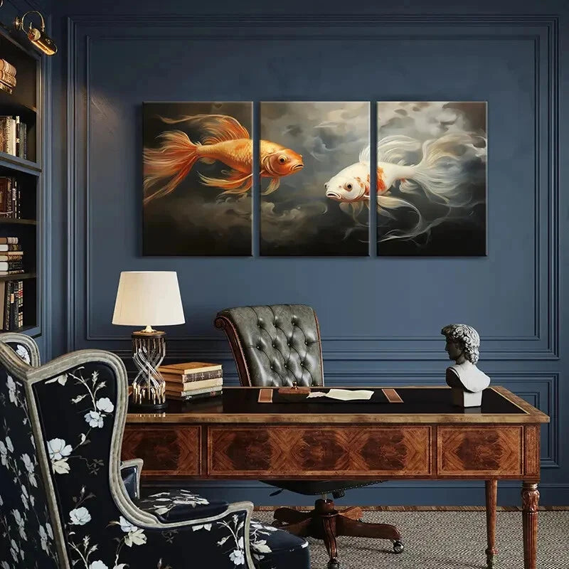 3pcs Golden Fish White Fish Smoke Effect Metal Print Ready to Hang Art