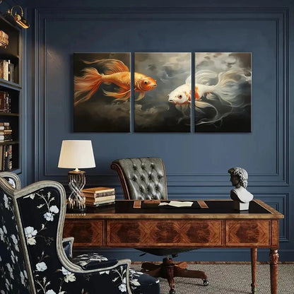 3pcs Golden Fish White Fish Smoke Effect Metal Print Ready to Hang Art