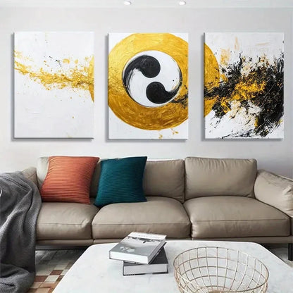 3pcs Modern Yin Yang Golden Black White Abstract Metal Print Ready to Hang Art
