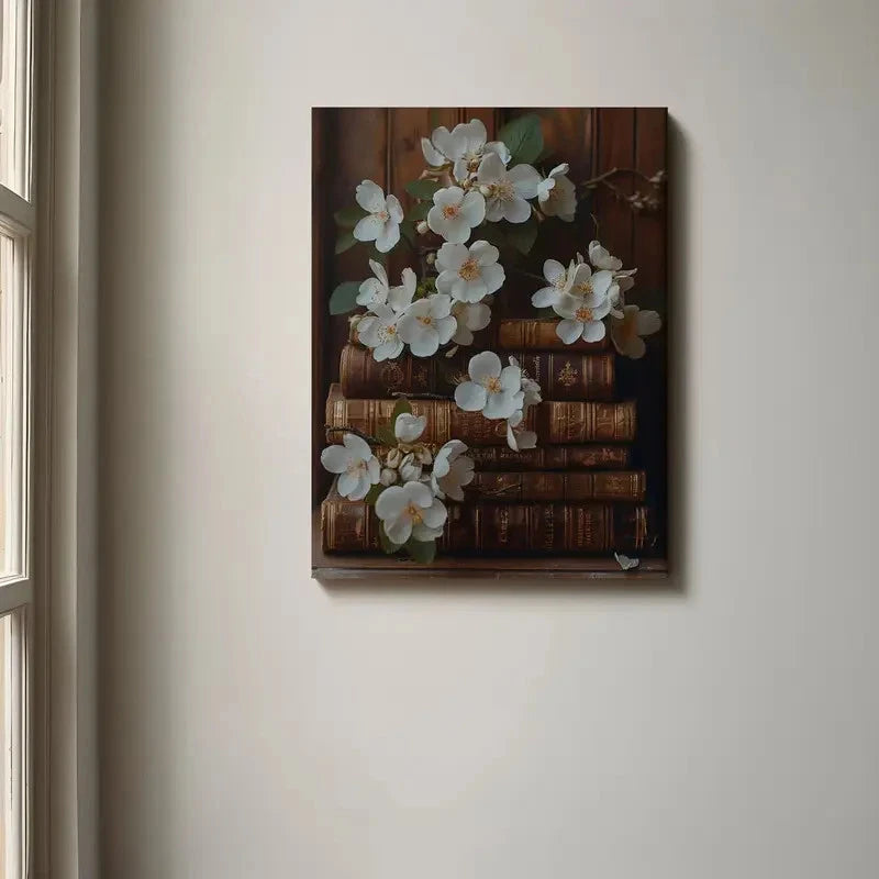 Beautiful Wildflower & Botanical Book Stack Painting 40x60cm Metal Print Ready to Hang