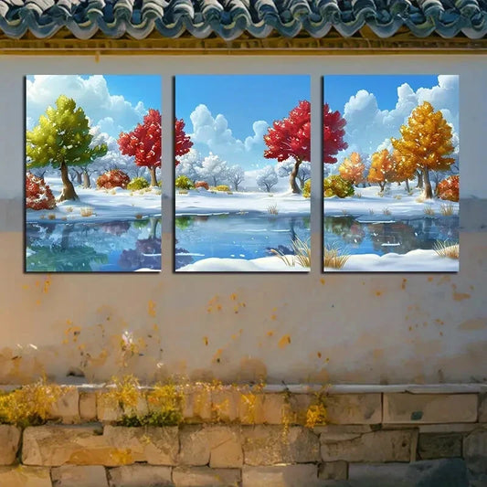 3pcs Serene Trees & Clear Water Bodies Design Metal Print Ready to Hang Art