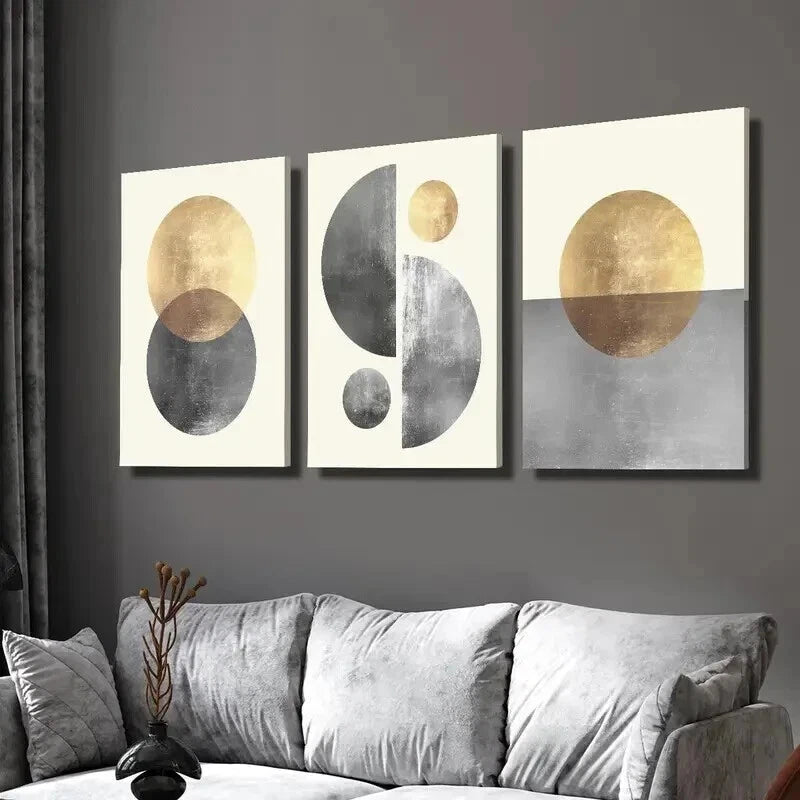 3pcs Gold and Grey Sphere Pattern Decoration Wall Art Set Canvas Framed 40x60cm - High Quality Print 100% Australian Made Wall Canvas Ready to Hang