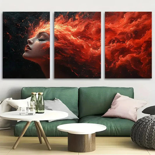3pcs Surreal Abstract Woman Fire and Smoke Metal Print Ready to Hang Art