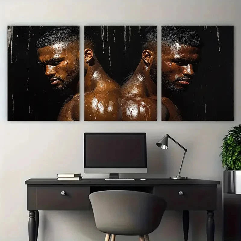 3pcs Black Men Body Muscular Bodies Illustration Metal Print Ready to Hang Art
