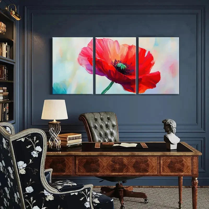 3pcs Vibrant Red Flower Art Abstract Floral Metal Print Ready to Hang Art