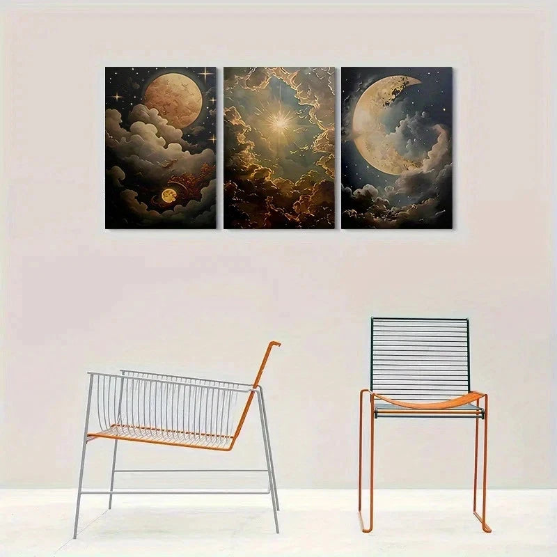 3pcs Starry Night Sky Celestial Moon Clouds Metal Print Ready to Hang Art