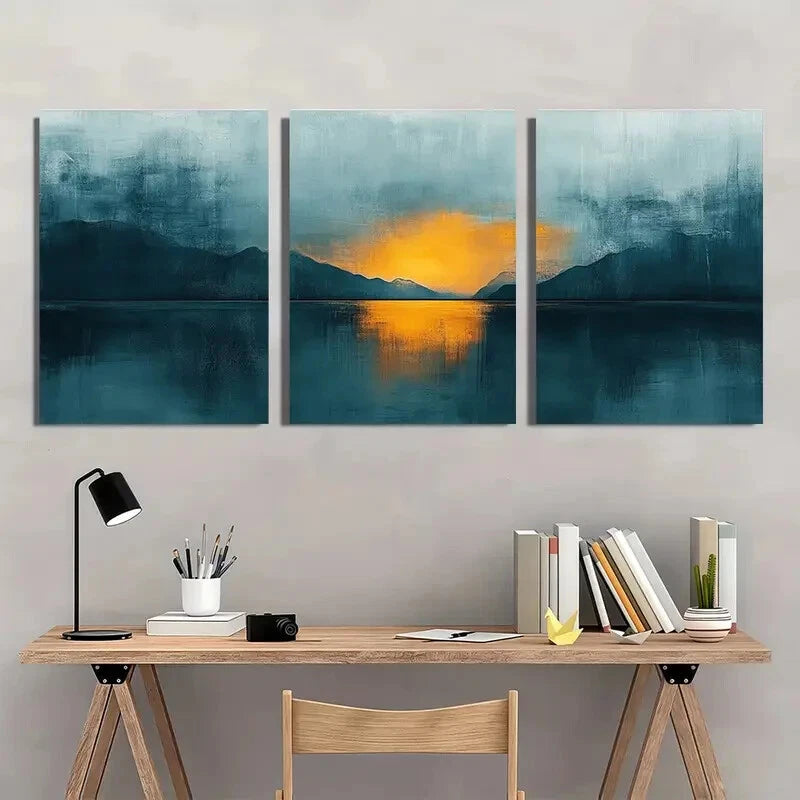 3pcs Teal & Tan Pastel Abstract Reflection Design Metal Print Ready to Hang Art