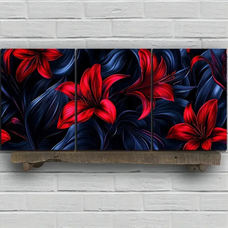 3pcs Beautiful Flowers Modern Red & Blue Leaves Metal Print Ready to Hang Art