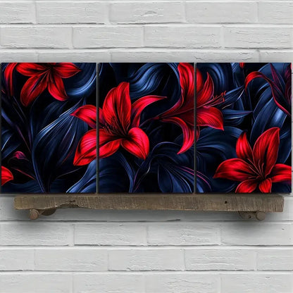 3pcs Beautiful Flowers Modern Red & Blue Leaves Metal Print Ready to Hang Art