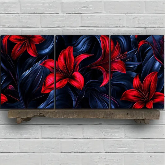 3pcs Beautiful Flowers Modern Red & Blue Leaves Metal Print Ready to Hang Art