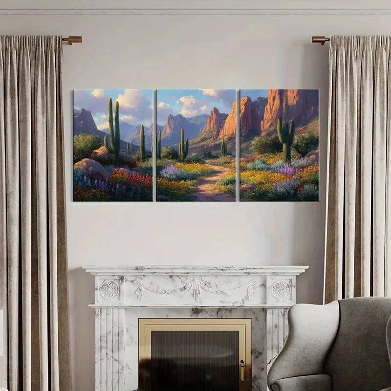 3pcs Desert Landscape Cactus Mountains Pathway Metal Print Ready to Hang Art